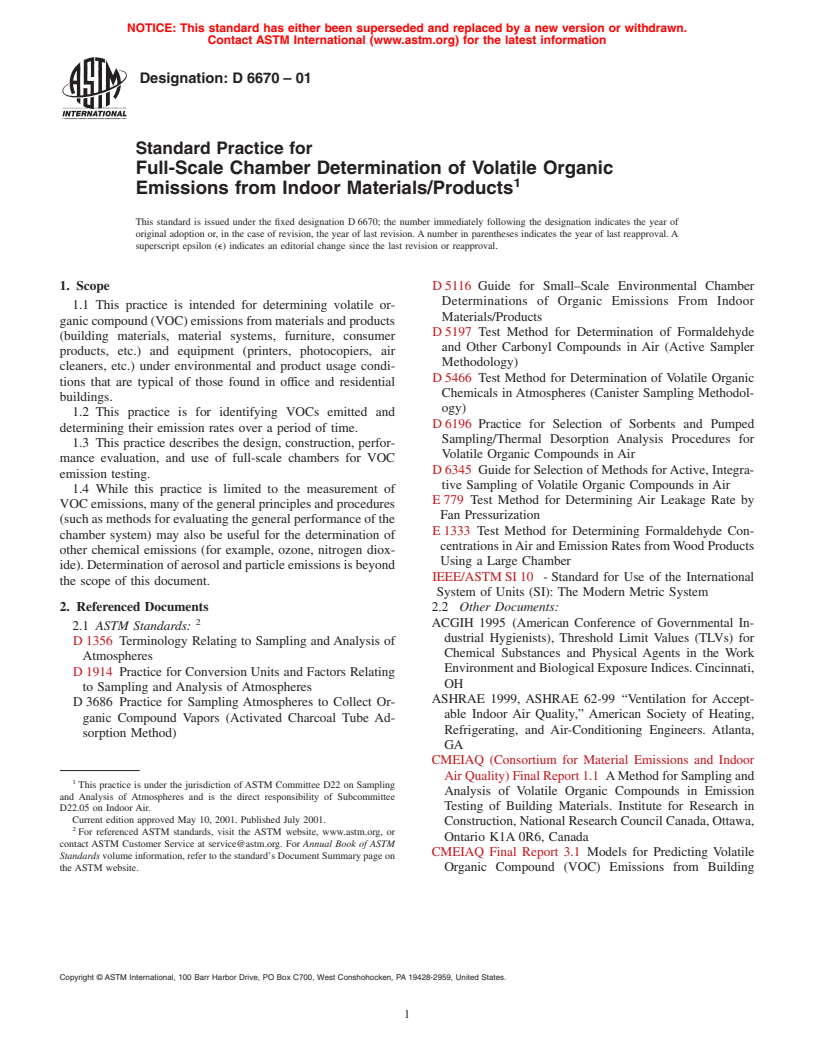 ASTM D6670-01 - Standard Practice for Full-Scale Chamber Determination of Volatile Organic Emissions from Indoor Materials/Products