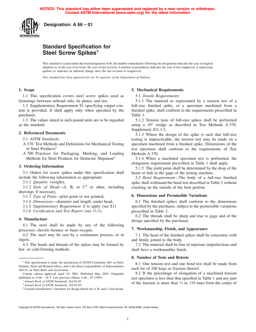 ASTM A66-01 - Standard Specification for Steel Screw Spikes