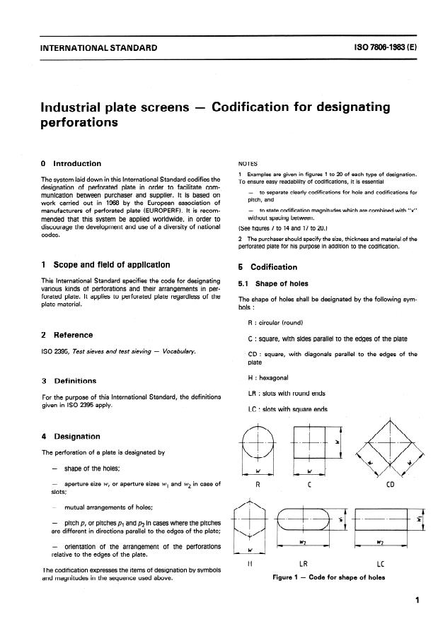 ISO 7806:1983 - Industrial plate screens -- Codification for designating perforations