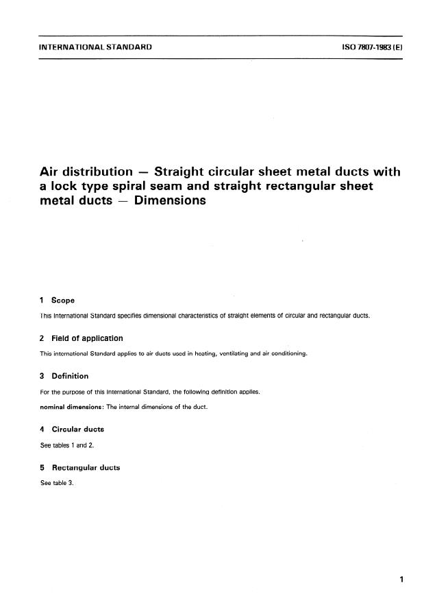 ISO 7807:1983 - Air distribution -- Straight circular sheet metal ducts with a lock type spiral seam and straight rectangular sheet metal ducts -- Dimensions