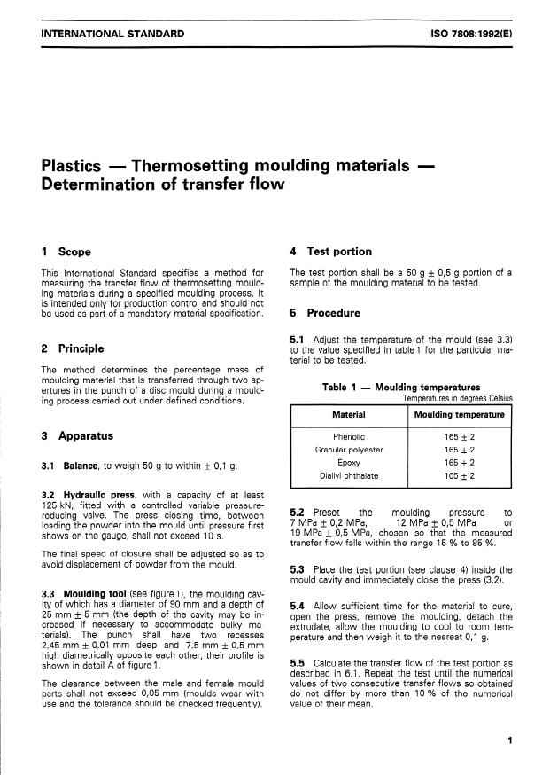 ISO 7808:1992 - Plastics -- Thermosetting moulding materials -- Determination of transfer flow