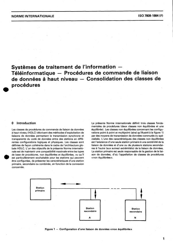 ISO 7809:1984 - Systemes de traitement de l'information -- Téléinformatique -- Procédures de commande de liaison de données a haut niveau -- Consolidation des classes de procédures