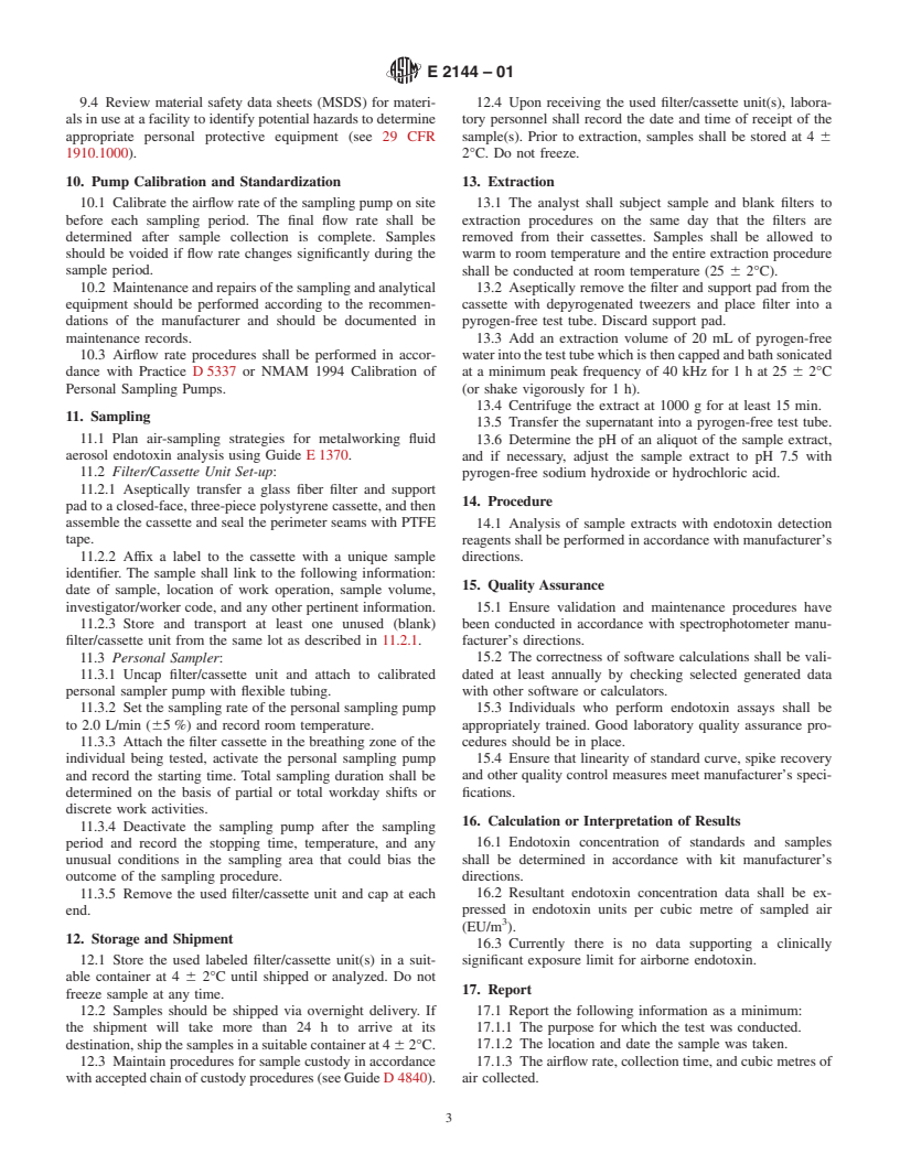 ASTM E2144-01 - Standard Practice for Personal Sampling and Analysis of Endotoxin in Metalworking Fluid Aerosols in Workplace Atmospheres