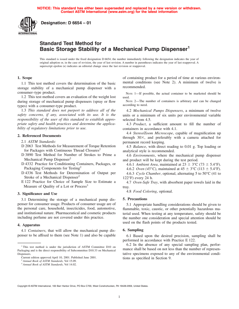 ASTM D6654-01 - Standard Test Method for Basic Storage Stability of a Mechanical Pump Dispenser