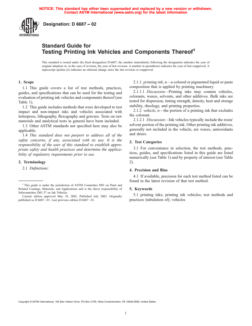 ASTM D6687-02 - Standard Guide for Testing Printing Ink Vehicles and Components Thereof