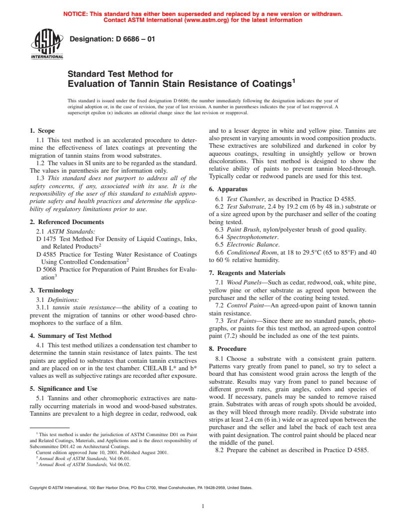 ASTM D6686-01 - Standard Test Method for Evaluation of Tannin Stain Resistance of Coatings