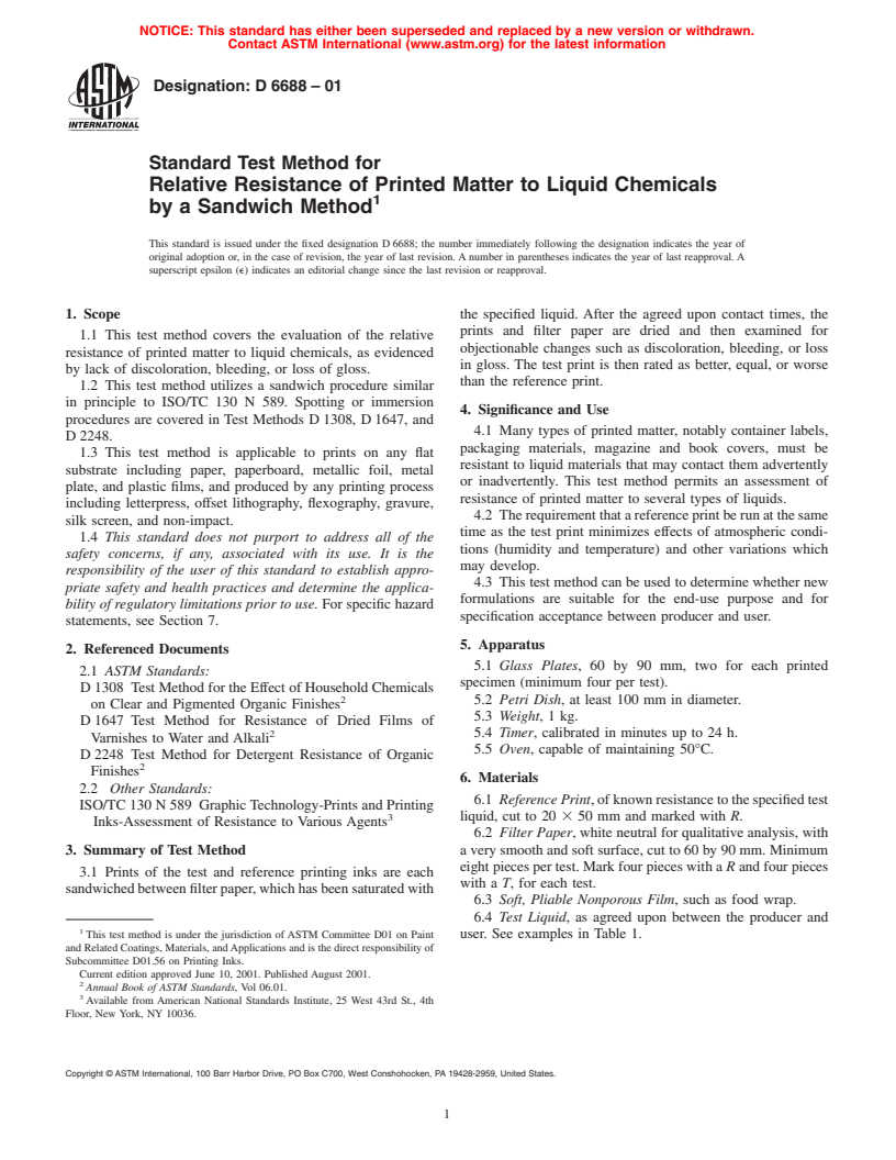 ASTM D6688-01 - Standard Test Method for Relative Resistance of Printed Matter to Liquid Chemicals by a Sandwich Method