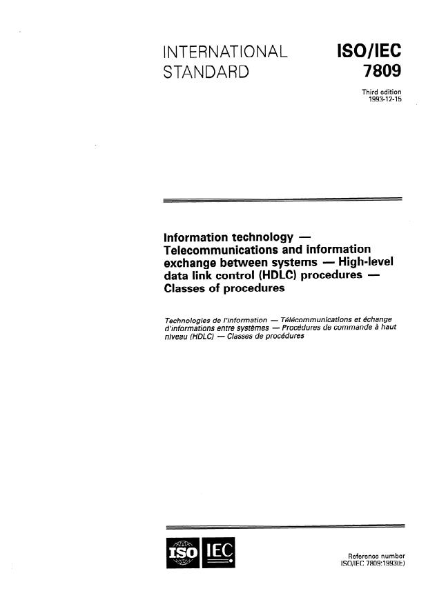 ISO/IEC 7809:1993 - Information technology -- Telecommunications and information exchange between systems -- High-level data link control (HDLC) procedures -- Classes of procedures