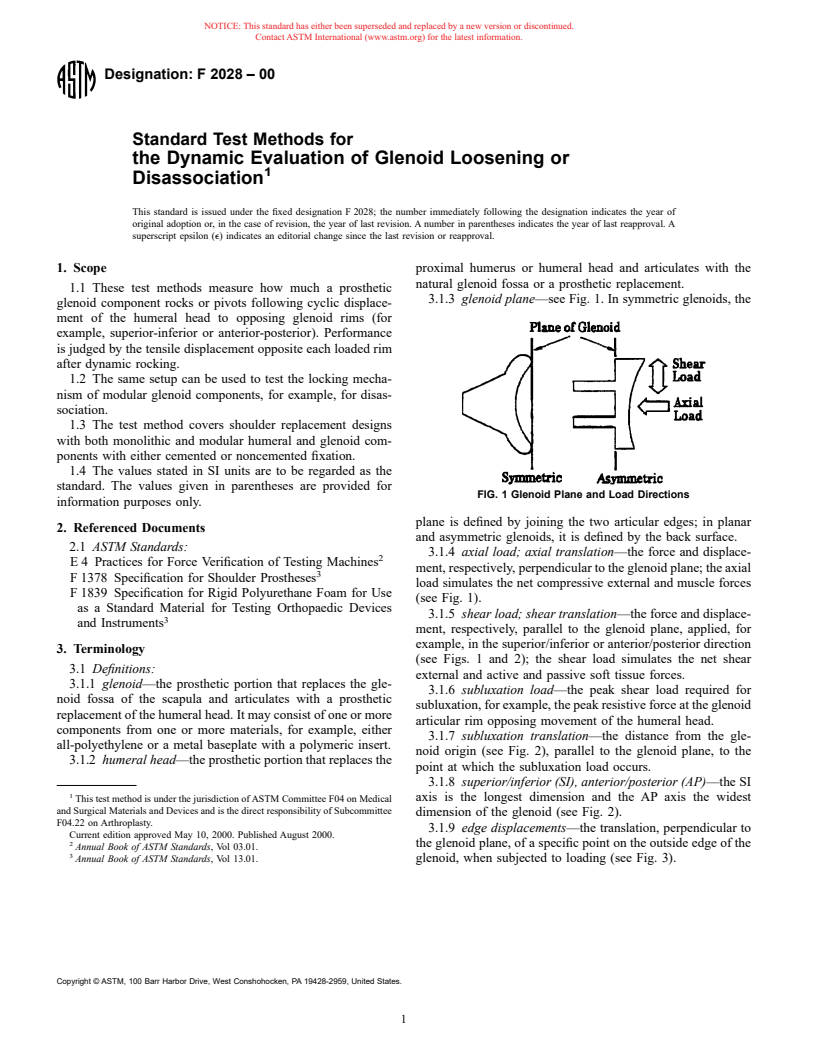 ASTM F2028-00 - Standard Test Methods for the Dynamic Evaluation of Glenoid Loosening or Disassociation