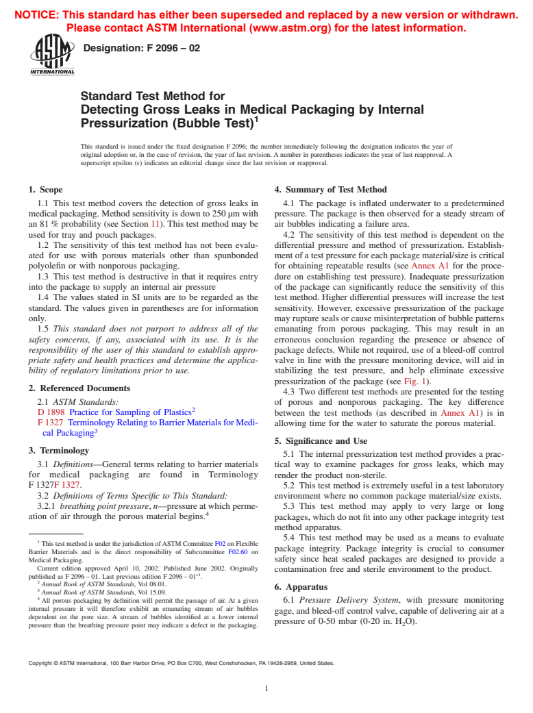 ASTM F2096-02 - Standard Test Method for Detecting Gross Leaks in Medical Packaging by Internal Pressurization (Bubble Test)