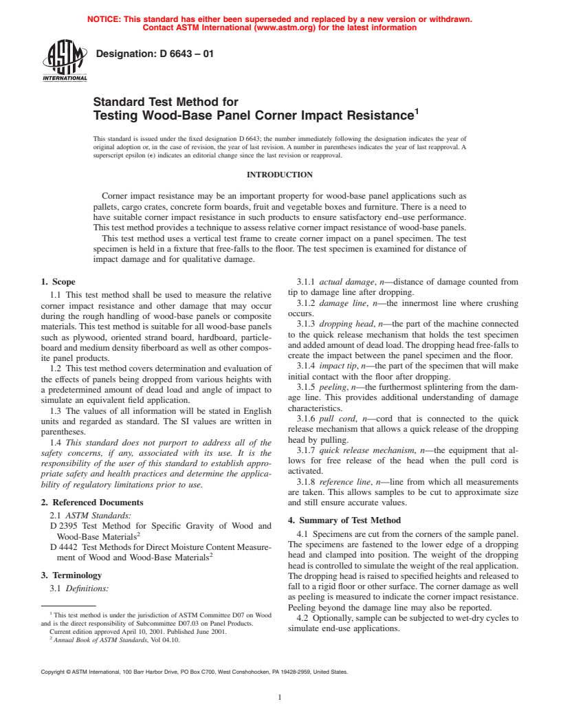 ASTM D6643-01 - Standard Test Method for Testing Wood-Base Panel Corner Impact Resistance