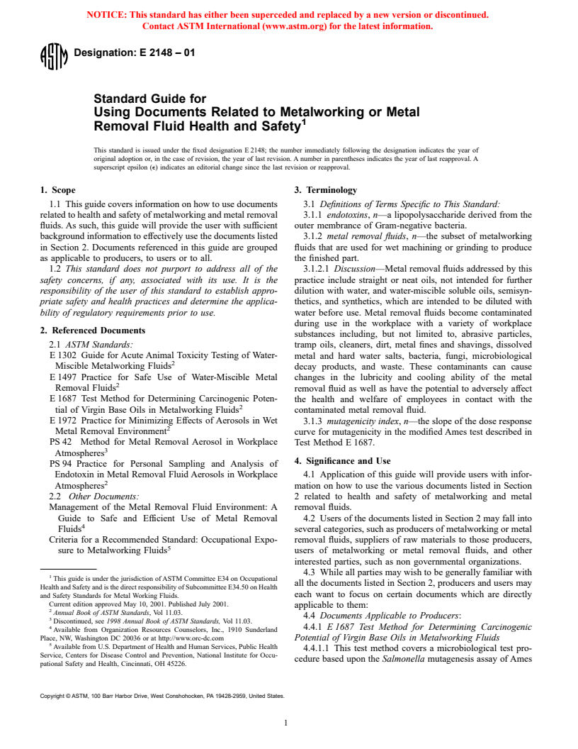 ASTM E2148-01 - Standard Guide for Using Documents Related to Metalworking or Metal Removal Fluid Health and Safety