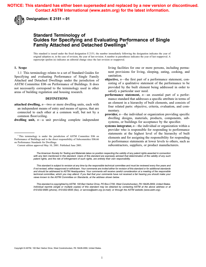 ASTM E2151-01 - Standard Terminology of Guides for Specifying and Evaluating Performance of Single Family Attached and Detached Dwellings