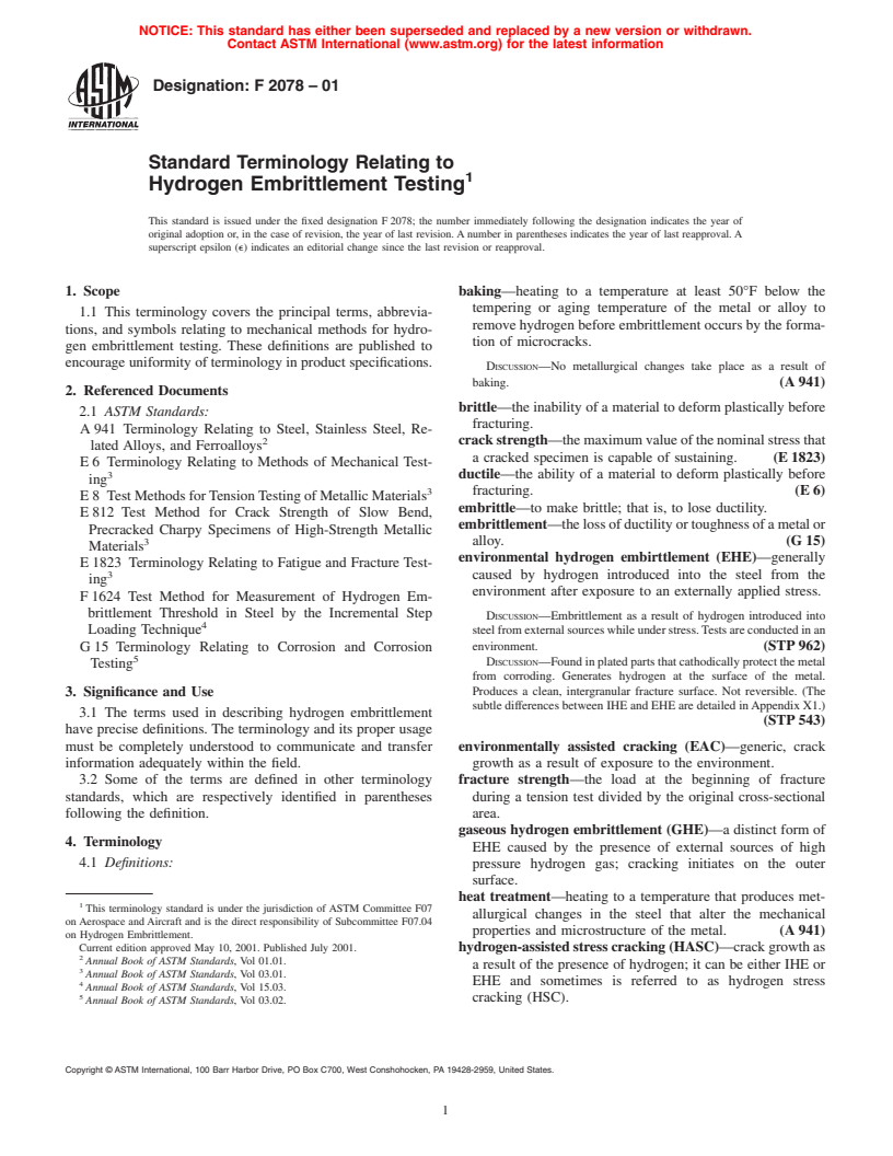 ASTM F2078-01 - Standard Terminology Relating to Hydrogen Embrittlement Testing