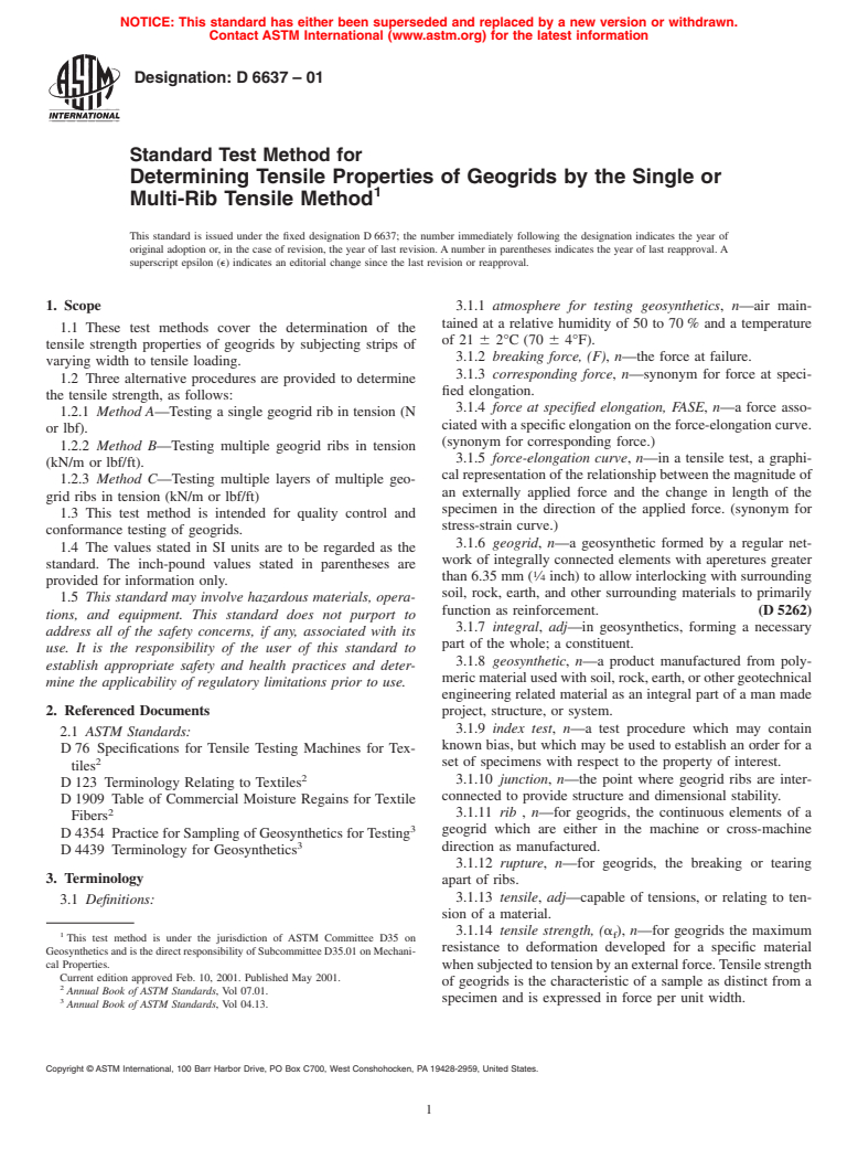 ASTM D6637-01 - Standard Test Method for Determining Tensile Properties of Geogrids by the Single or Multi-Rib Tensile Method