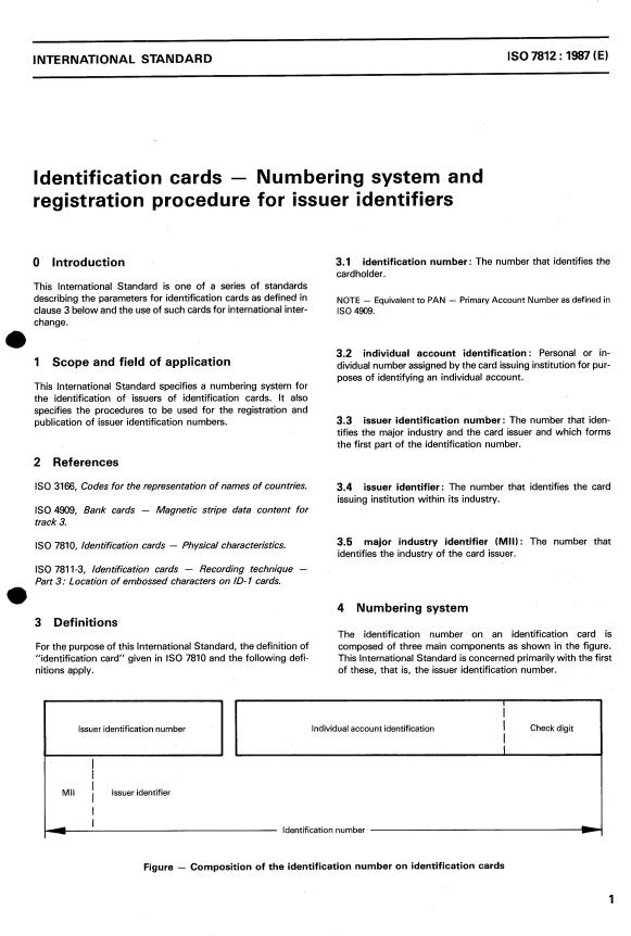 ISO 7812:1987 - Identification cards -- Numbering system and registration procedure for issuer identifiers