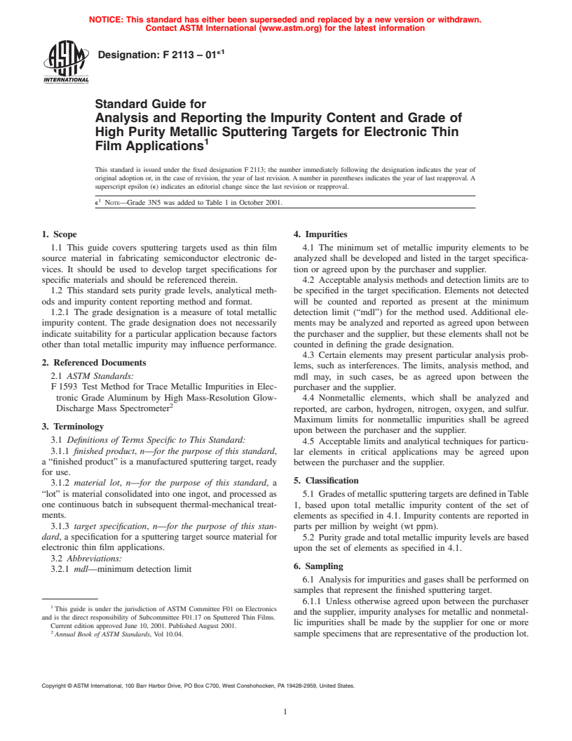 ASTM F2113-01e1 - Standard Guide for Analysis and Reporting the Impurity Content and Grade of High Purity Metallic Sputtering Targets for Electronic Thin Film Applications