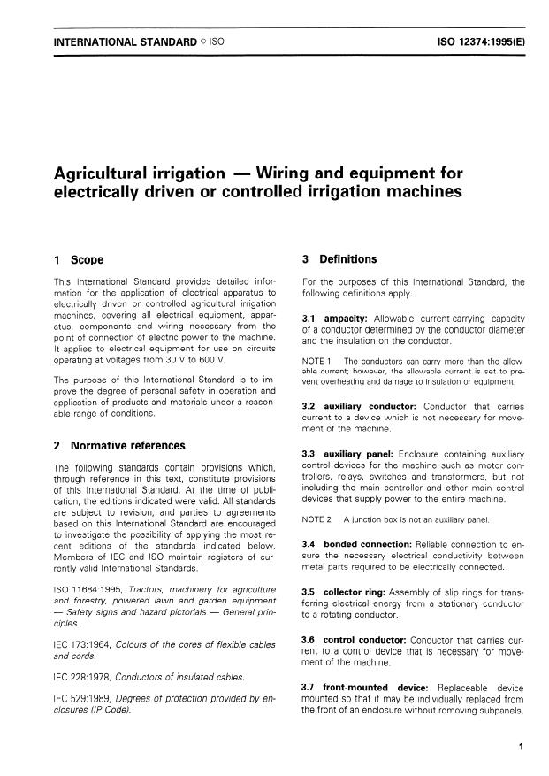 ISO 12374:1995 - Agricultural irrigation -- Wiring and equipment for electrically driven or controlled irrigation machines