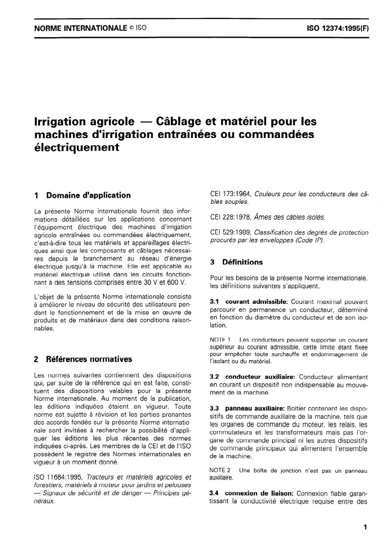 ISO 12374:1995 - Irrigation agricole — Câblage et matériel pour les machines d'irrigation entraînées ou commandées électriquement