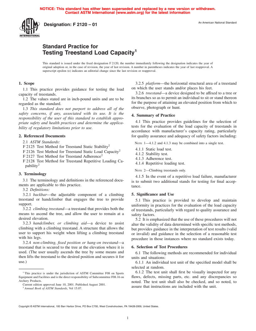 ASTM F2120-01 - Standard Practice for Testing Treestand Load Capacity