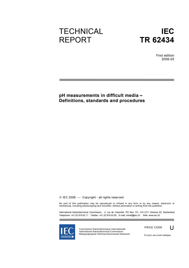 IEC TR 62434:2006 - pH measurements in difficult media - Definitions, standards and procedures