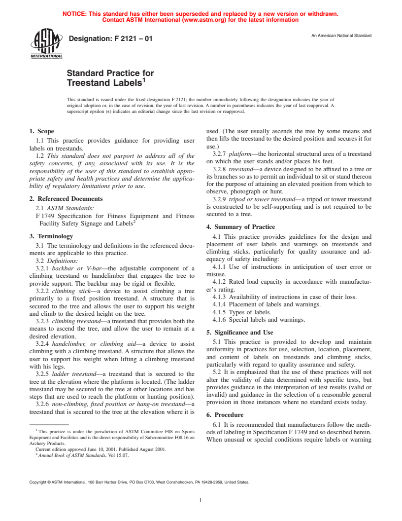 ASTM F2121-01 - Standard Practice for Treestand Labels