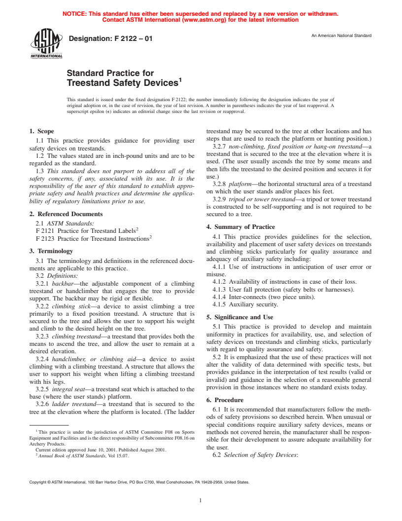 ASTM F2122-01 - Standard Practice for Treestand Safety Devices