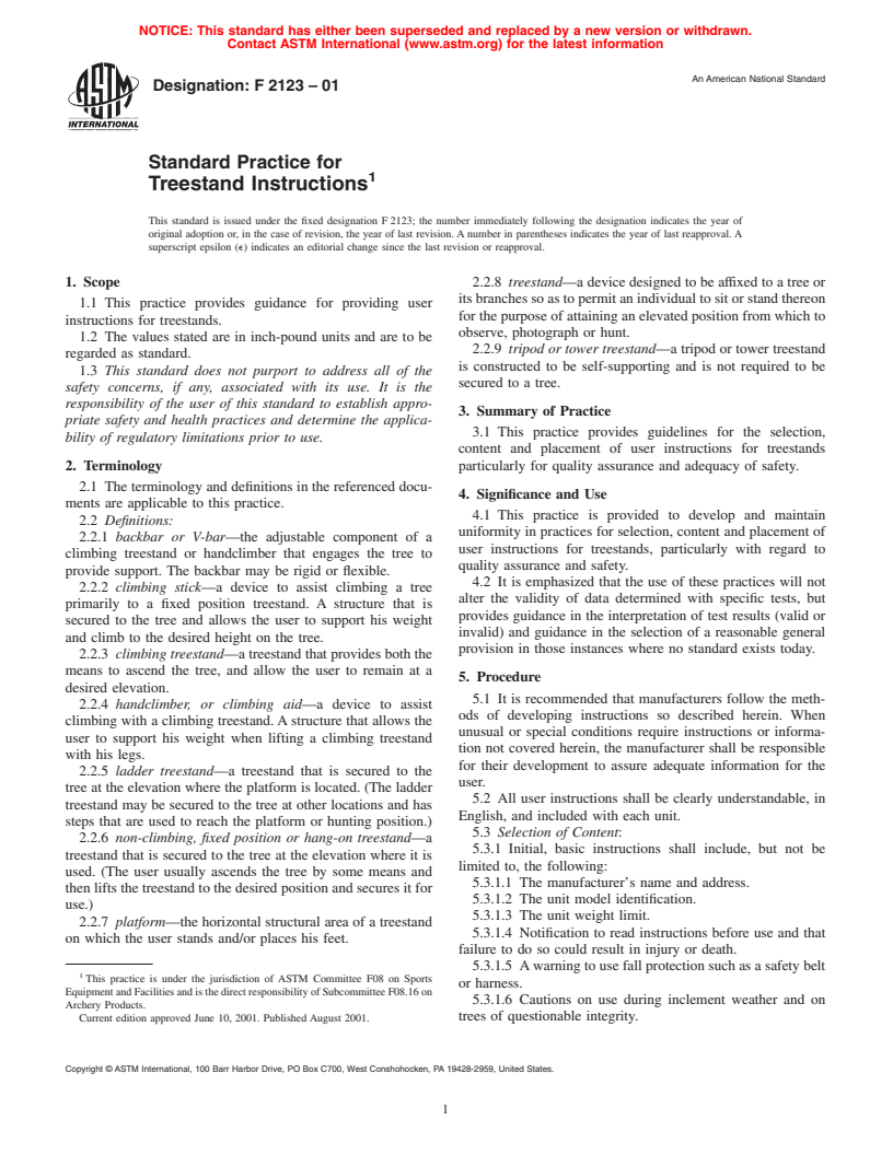 ASTM F2123-01 - Standard Practice for Treestand Instructions