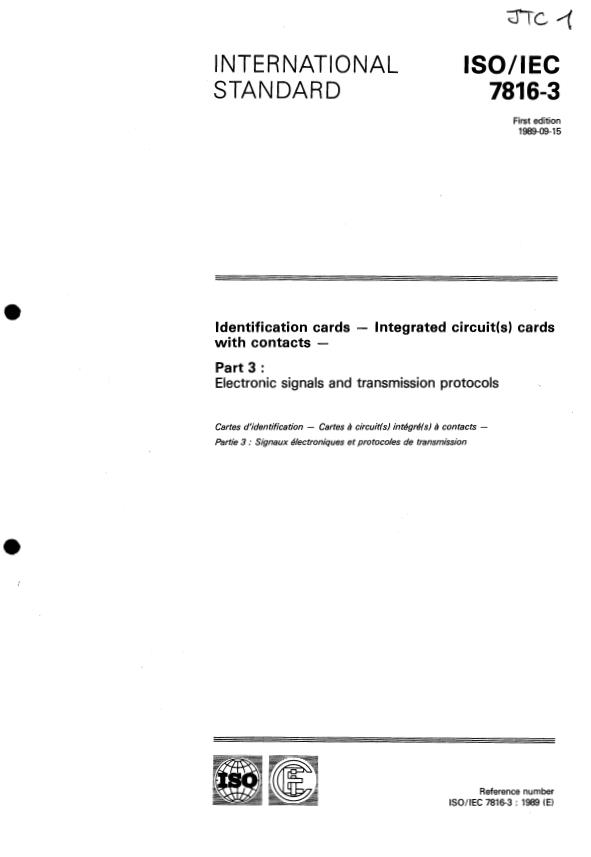 ISO/IEC 7816-3:1989 - Identification cards -- Integrated circuit(s) cards with contacts