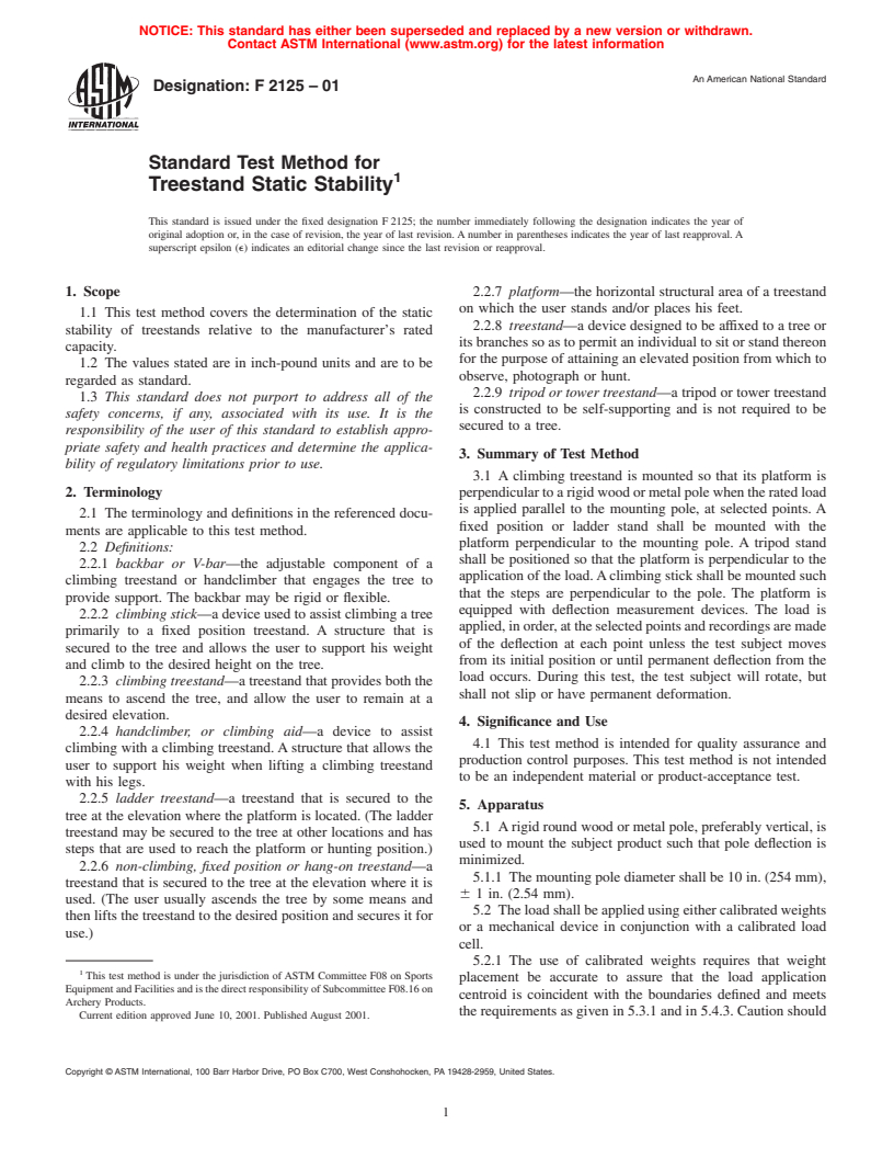 ASTM F2125-01 - Standard Test Method for Treestand Static Stability