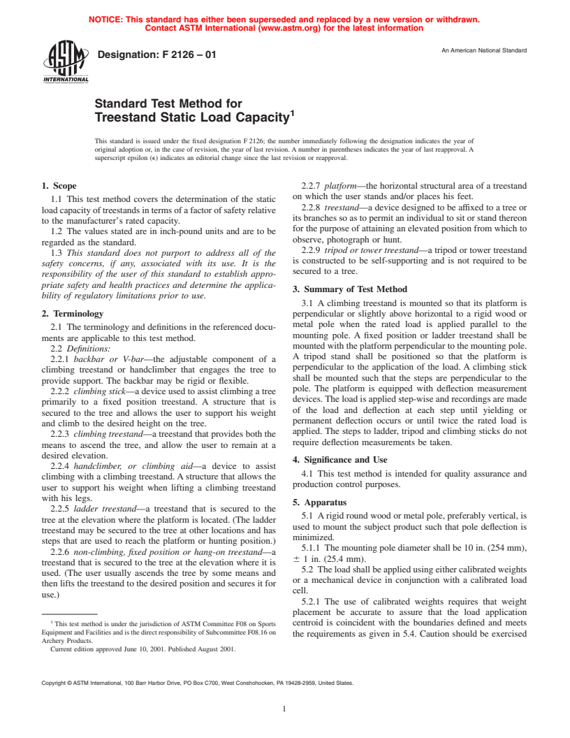 ASTM F2126-01 - Standard Test Method for Treestand Static Load Capacity