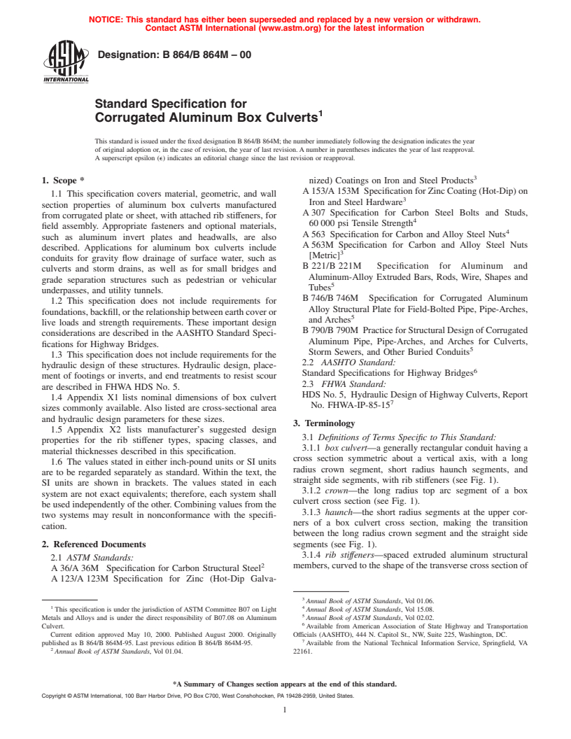 ASTM B864/B864M-00 - Standard Specification for Corrugated Aluminum Box Culverts