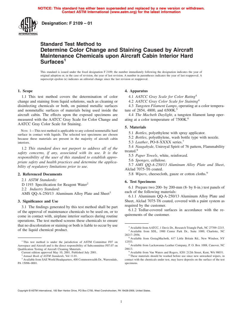 ASTM F2109-01 - Standard Test Method to Determine Color Change and Staining Caused by Aircraft Maintenance Chemicals upon Aircraft Cabin Interior Hard Surfaces