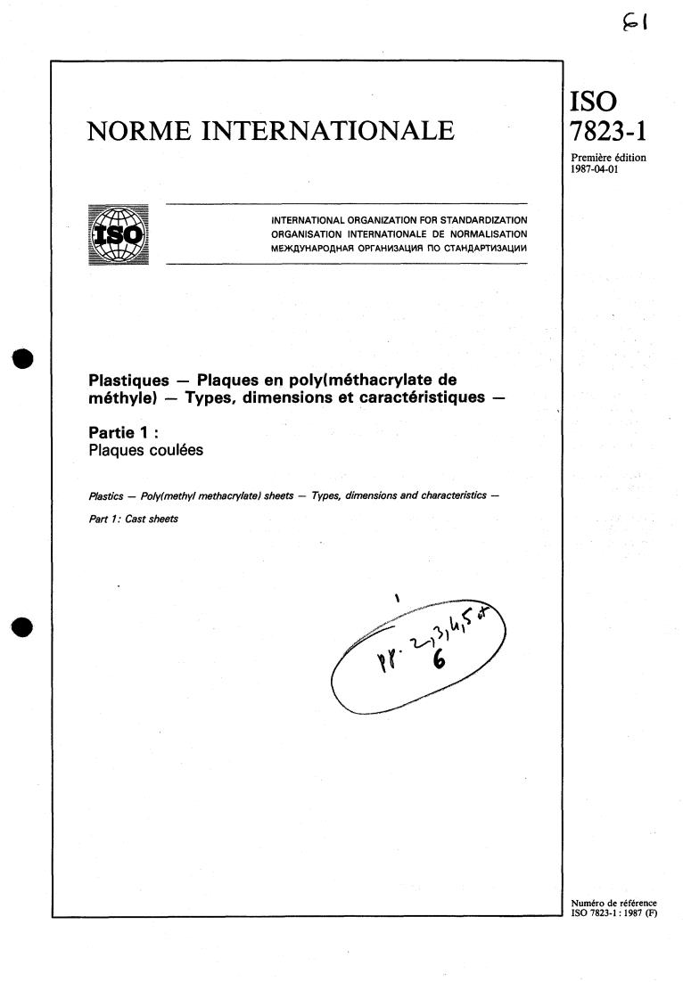 ISO 7823-1:1987 - Plastics — Poly(methyl methacrylate) sheets — Types, dimensions and characteristics — Part 1: Cast sheets
Released:4/2/1987