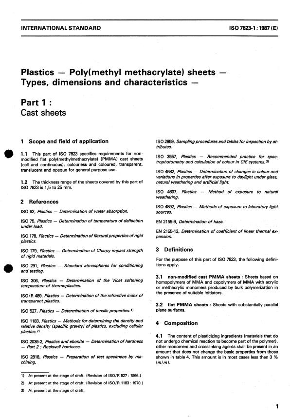 ISO 7823-1:1987 - Plastics -- Poly(methyl methacrylate) sheets -- Types, dimensions and characteristics