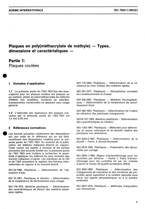 ISO 7823-1:1991 - Plaques en poly(méthacrylate de méthyle) -- Types, dimensions et caractéristiques