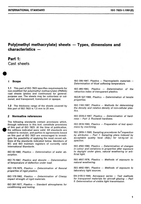 ISO 7823-1:1991 - Poly(methyl methacrylate) sheets -- Types, dimensions and characteristics