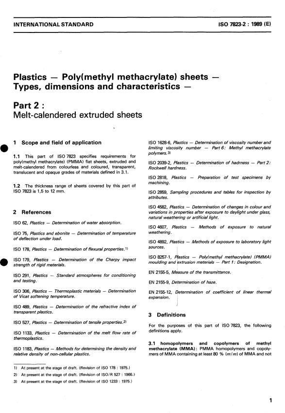 ISO 7823-2:1989 - Plastics -- Poly(methyl methacrylate) sheets -- Types, dimensions and characteristics