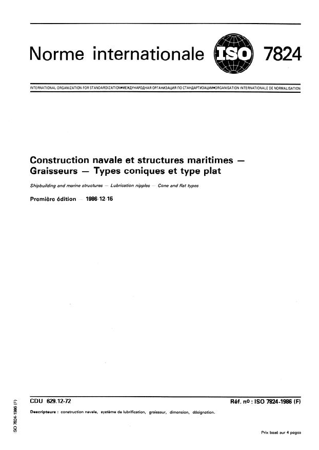 ISO 7824:1986 - Construction navale et structures maritimes -- Graisseurs -- Types coniques et type plat