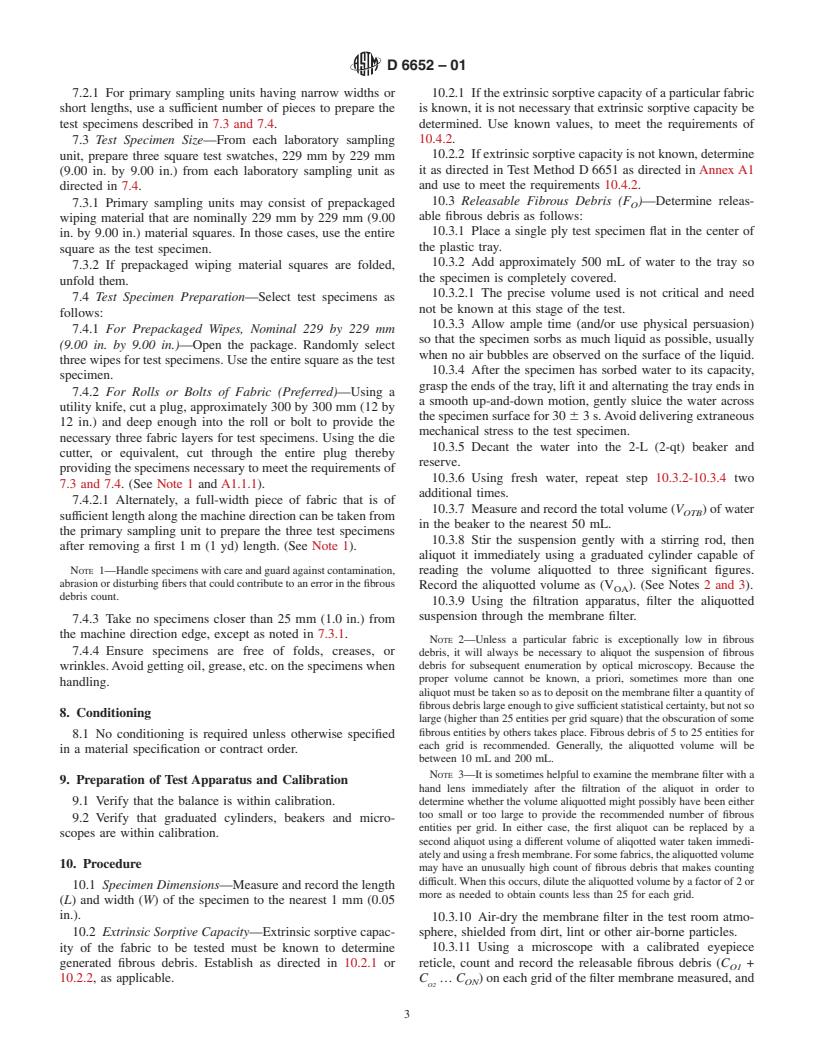 ASTM D6652-01 - Standard Test Method for Determining Fibrous Debris From Nonwoven Fabrics (Withdrawn 2008)