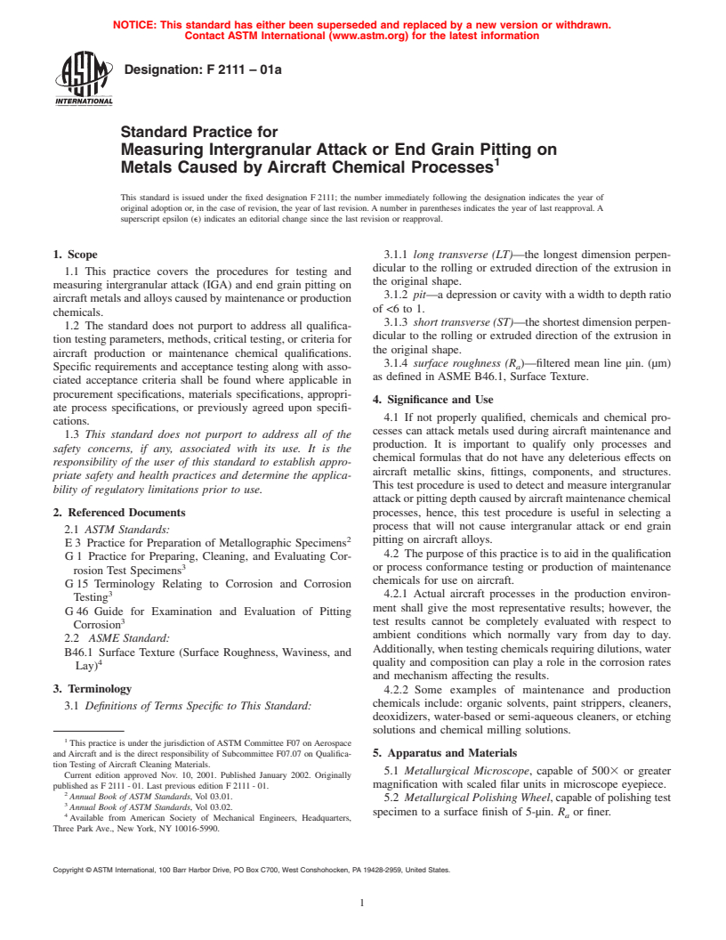 ASTM F2111-01a - Standard Practice for Measuring Intergranular Attack or End Grain Pitting on Metals Caused by Aircraft Chemical Processes