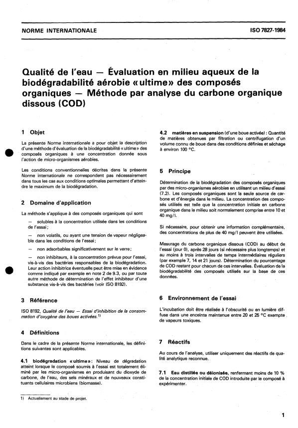 ISO 7827:1984 - Qualité de l'eau -- Évaluation en milieu aqueux de la biodégradabilité aérobie "ultime" des composés organiques -- Méthode par analyse du carbone organique dissous (COD)