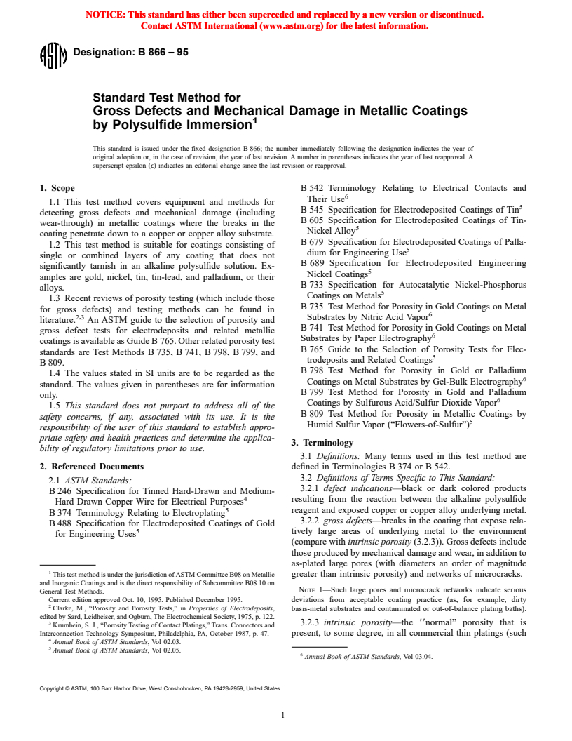 ASTM B866-95 - Standard Test Method for Gross Defects and Mechanical Damage in Metallic Coatings by Polysulfide Immersion