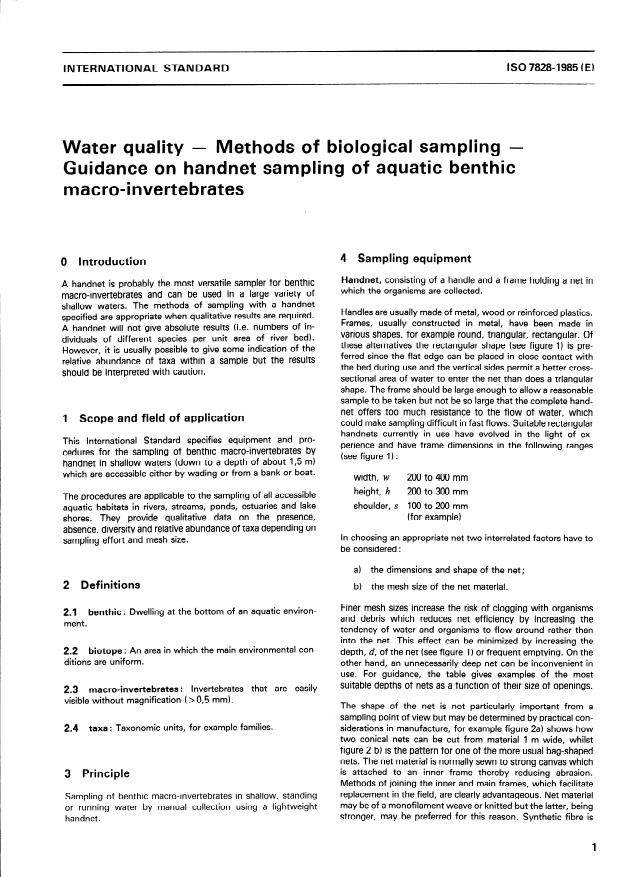 ISO 7828:1985 - Water quality -- Methods of biological sampling -- Guidance on handnet sampling of aquatic benthic macro-invertebrates