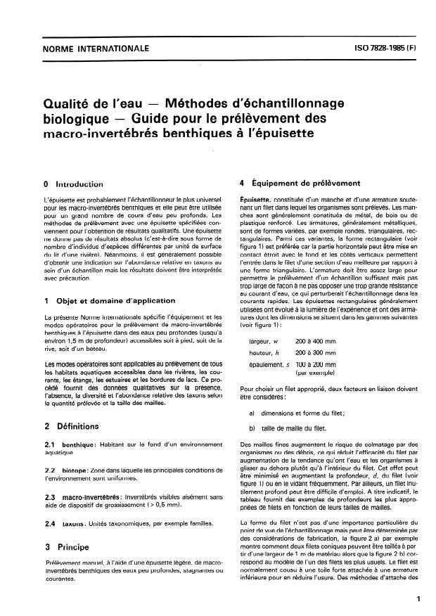 ISO 7828:1985 - Qualité de l'eau -- Méthodes d'échantillonnage biologique -- Guide pour le prélevement des macro-invertébrés benthiques a l'épuisette