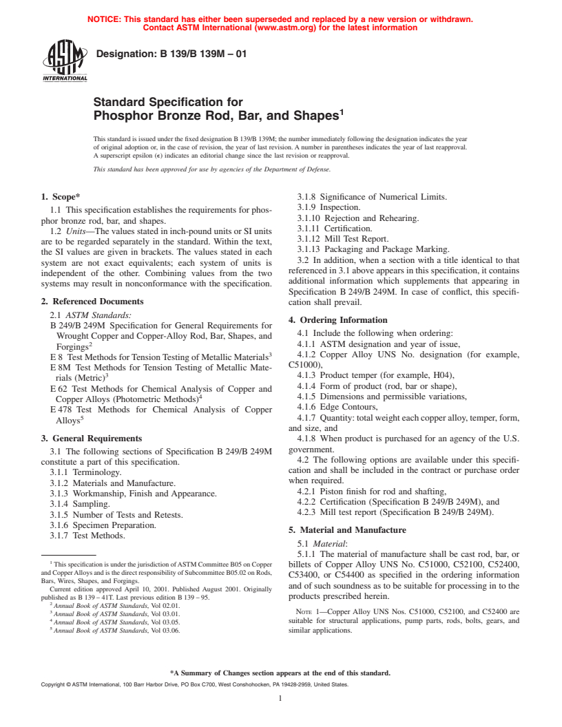 ASTM B139/B139M-01 - Standard Specification for Phosphor Bronze Rod, Bar, and Shapes
