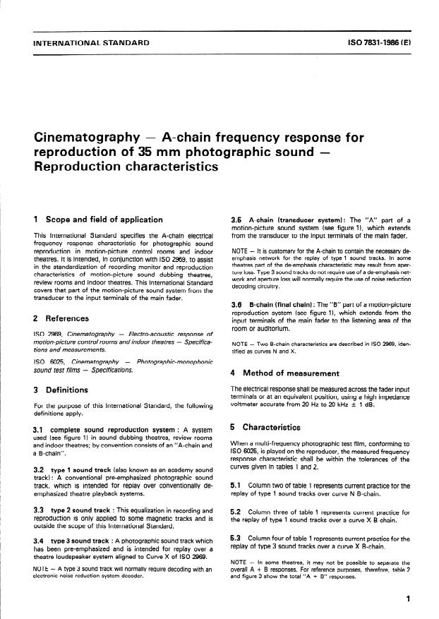 ISO 7831:1986 - Cinematography -- A-chain frequency response for reproduction of 35 mm photographic sound -- Reproduction characteristics