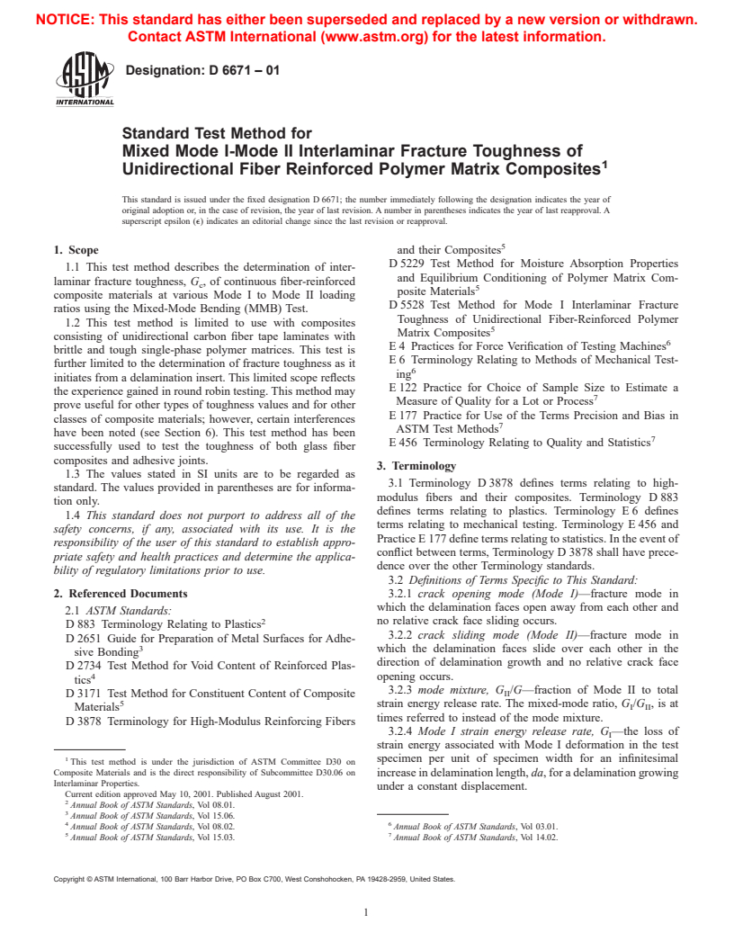 ASTM D6671-01 - Standards Test Method for Mixed Mode I-Mode II Interlaminar Fracture Toughness of Unidirectional Fiber Reinforced Polymer Matrix Composites