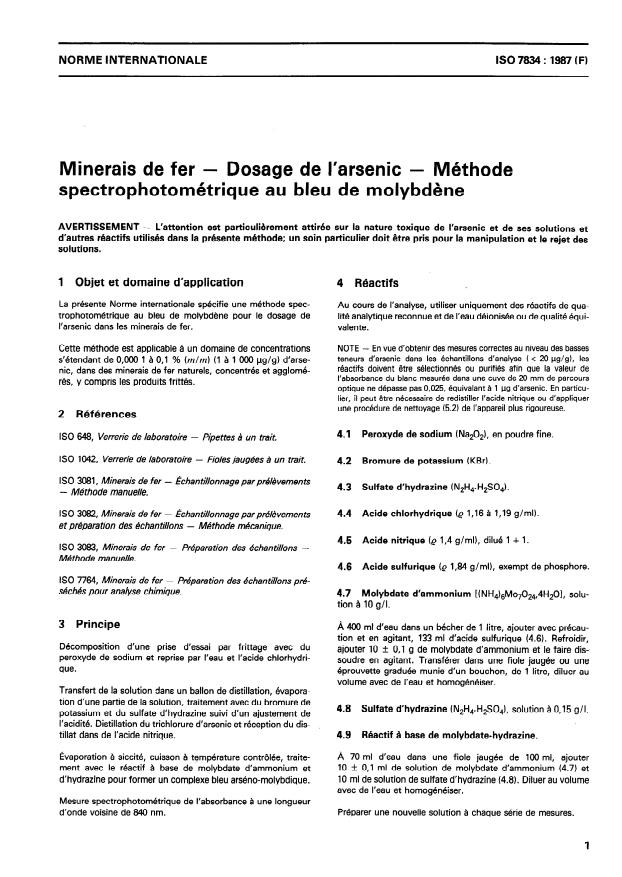 ISO 7834:1987 - Minerais de fer -- Dosage de l'arsenic -- Méthode spectrophotométrique au bleu de molybdene