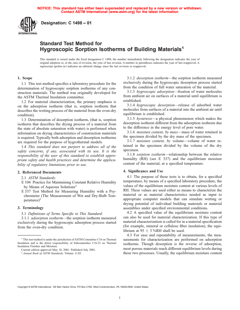 ASTM C1498-01 - Standard Test Method for Hygroscopic Sorption Isotherms of Building Materials